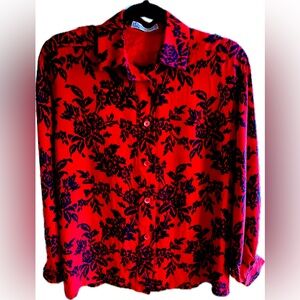 Vintage Christian Dior 100% Red Silk Blouse Black Floral Print (Fits M)